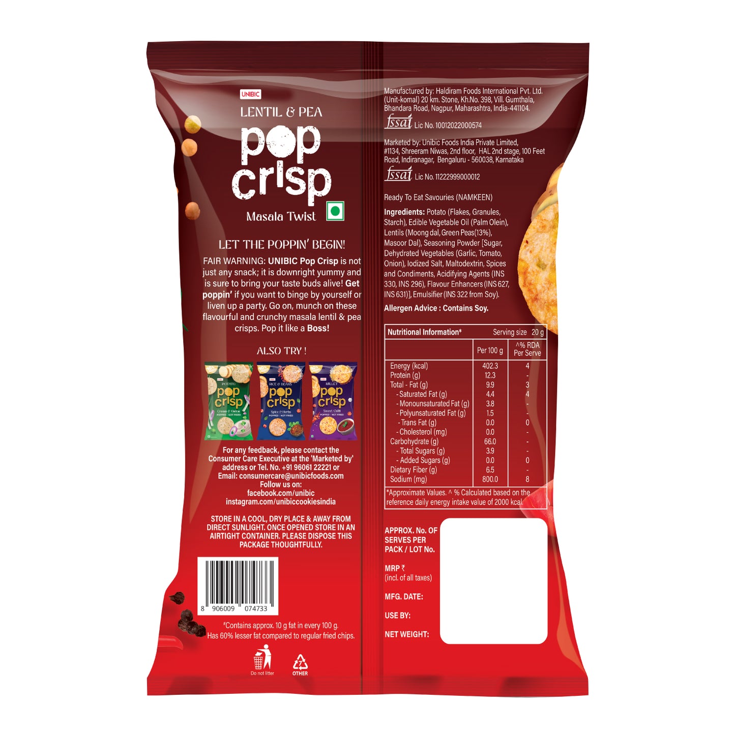 Unibic Lentil & Pea Pop Crisp (Masala Twist) 40g