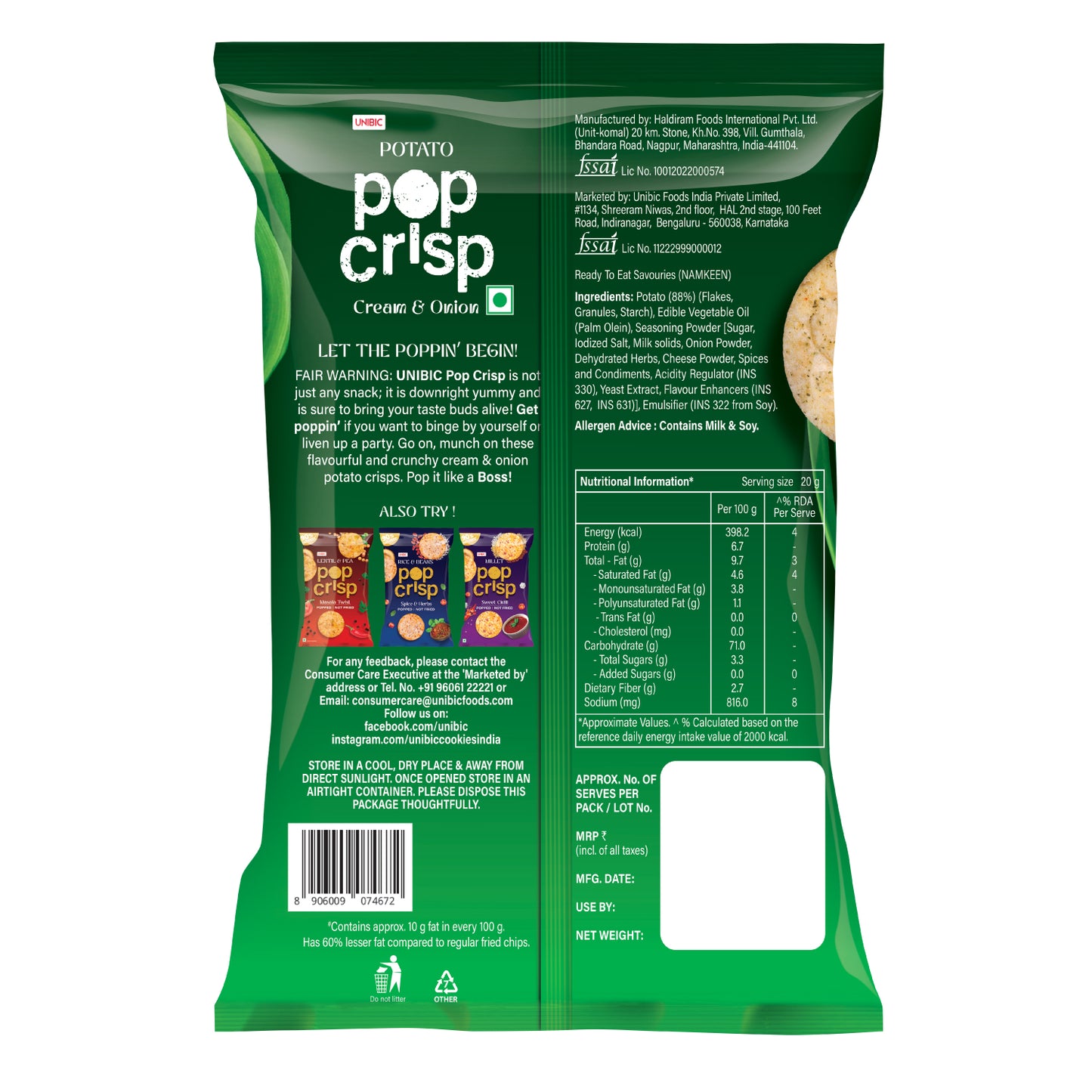 Unibic Potato Pop Crips (Cream & Onion) 40g