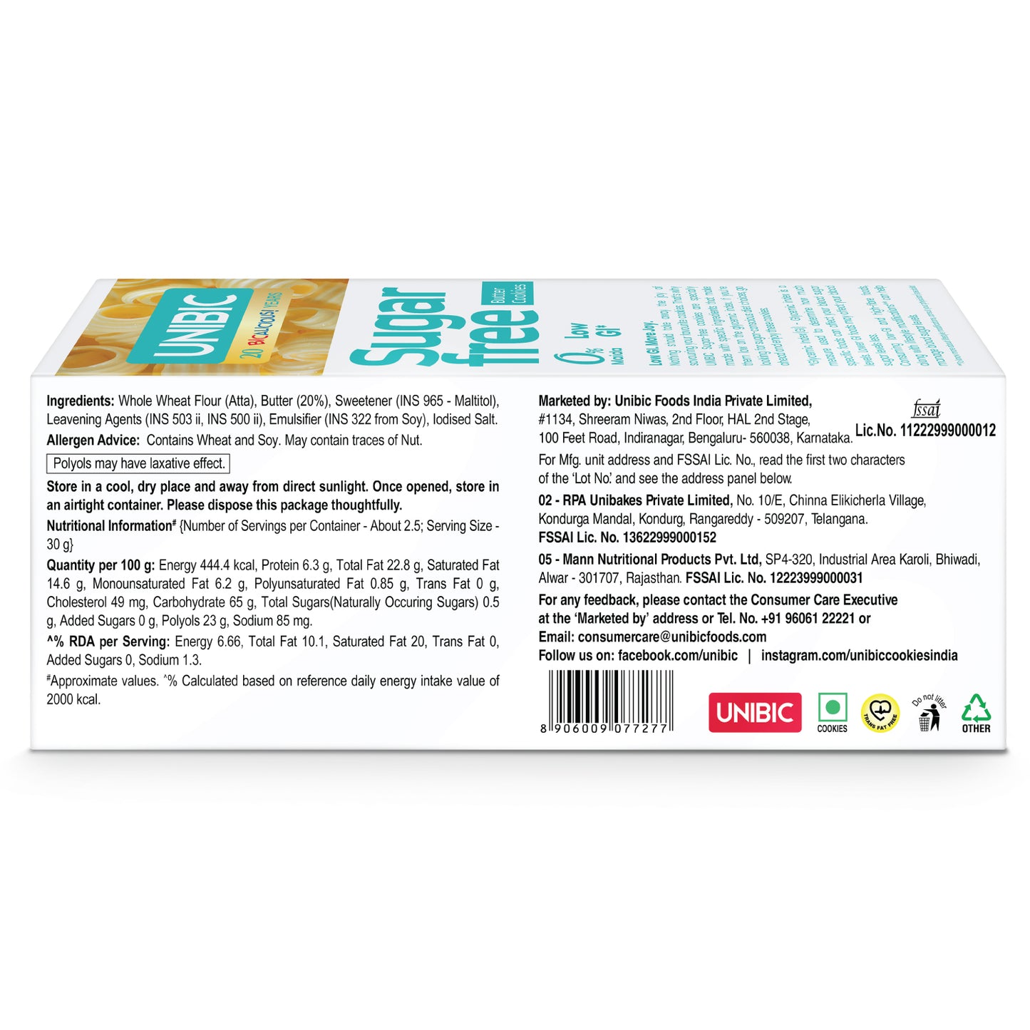 UNIBIC : Sugar Free Butter Cookies, 67.5g
