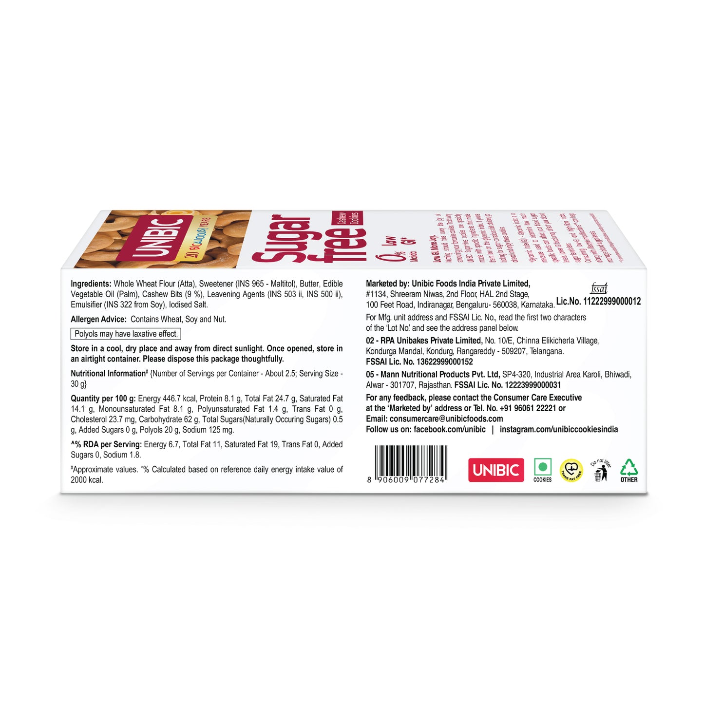 UNIBIC : Sugar Free Cashew Cookies, 67.5g