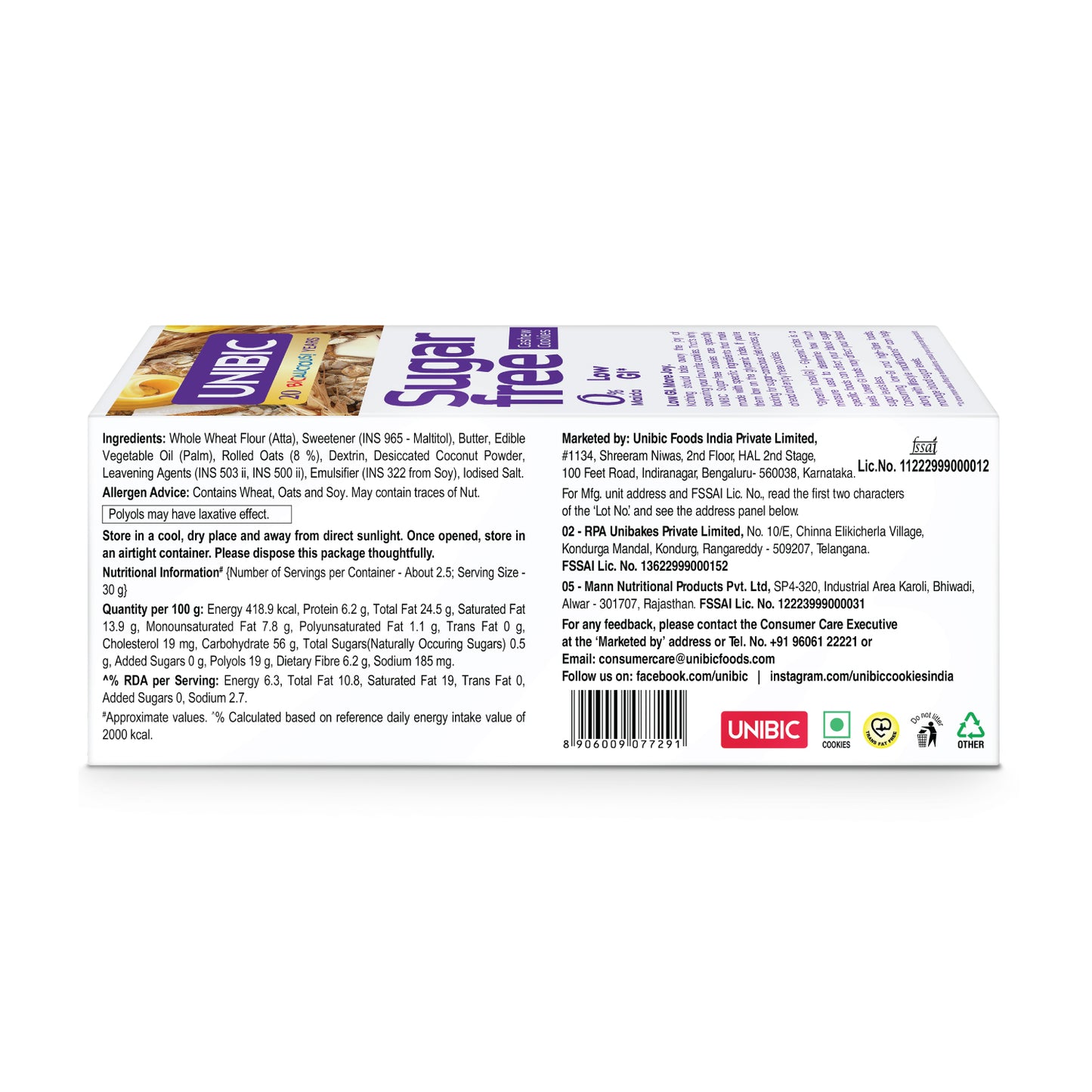 UNIBIC : Sugar Free Oatmeal Cookies, 67.5g