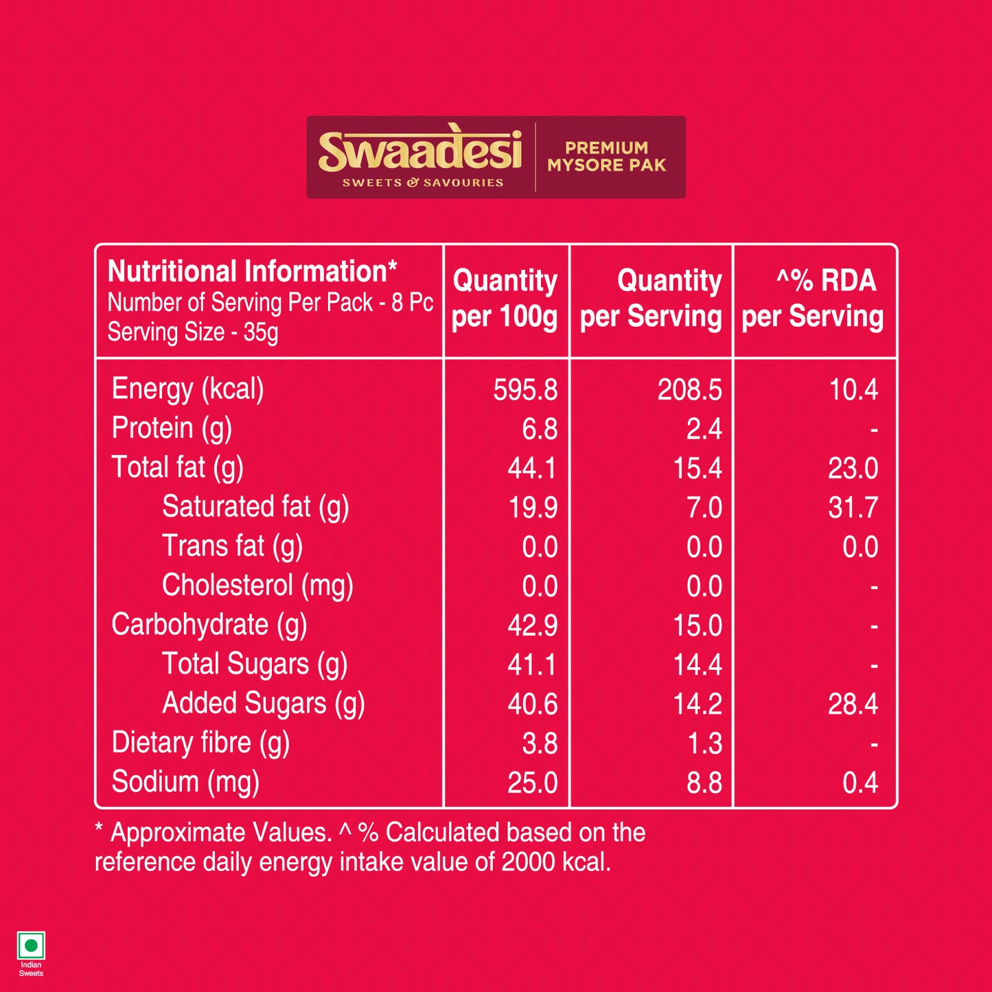 Swaadesi Premium Mysore Pak - 280 grams (Indian Sweet Made with 100% Pure Ghee)