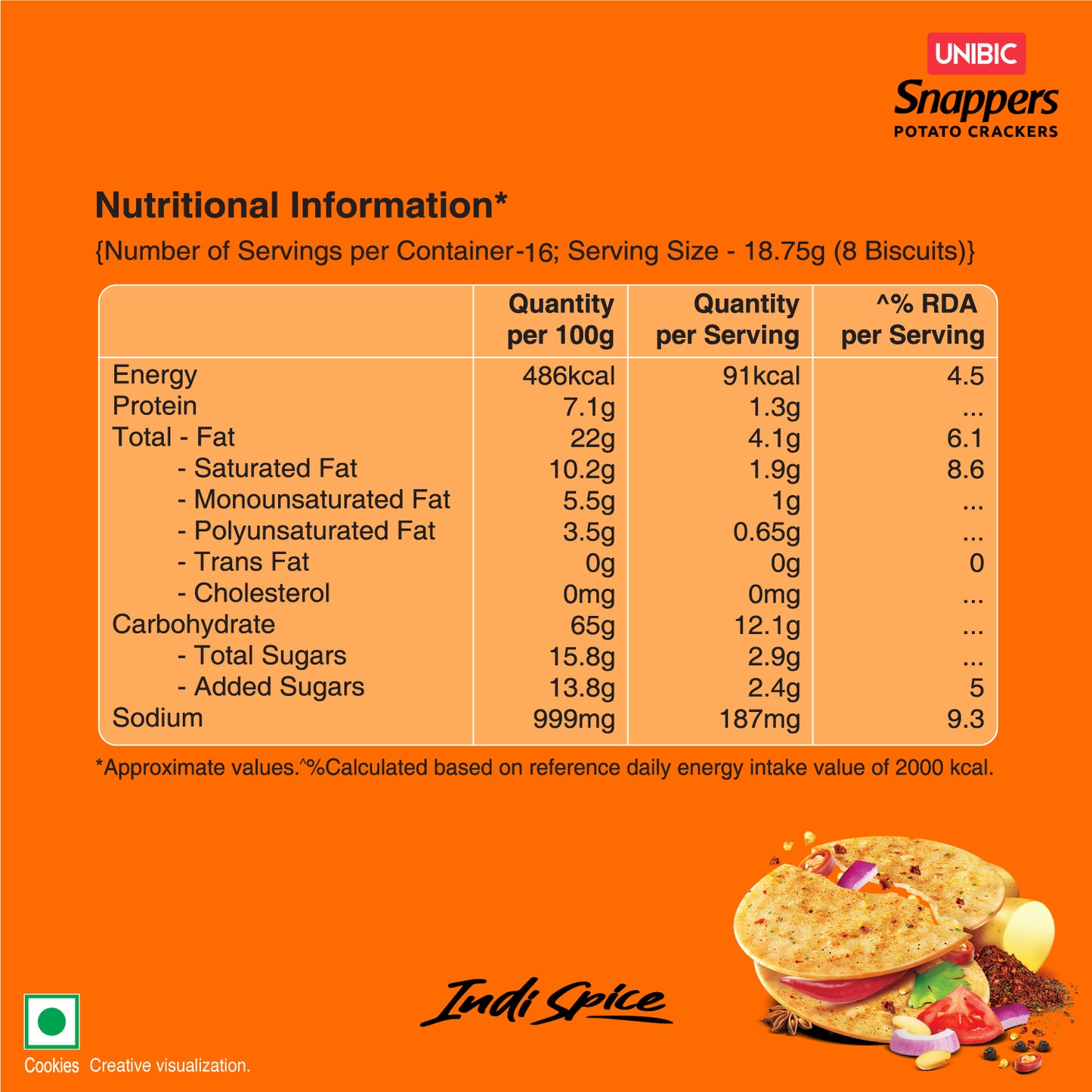 UNIBIC Snappers - Indie Spice Flavored Potato Biscuits, 300g