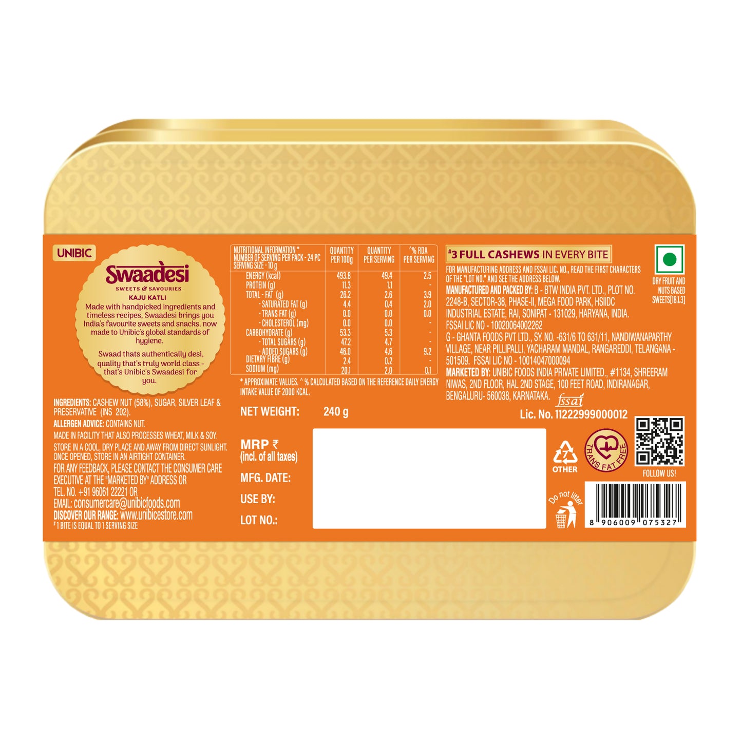 Swaadesi Kaju Katli Tin Pack- 240 grams