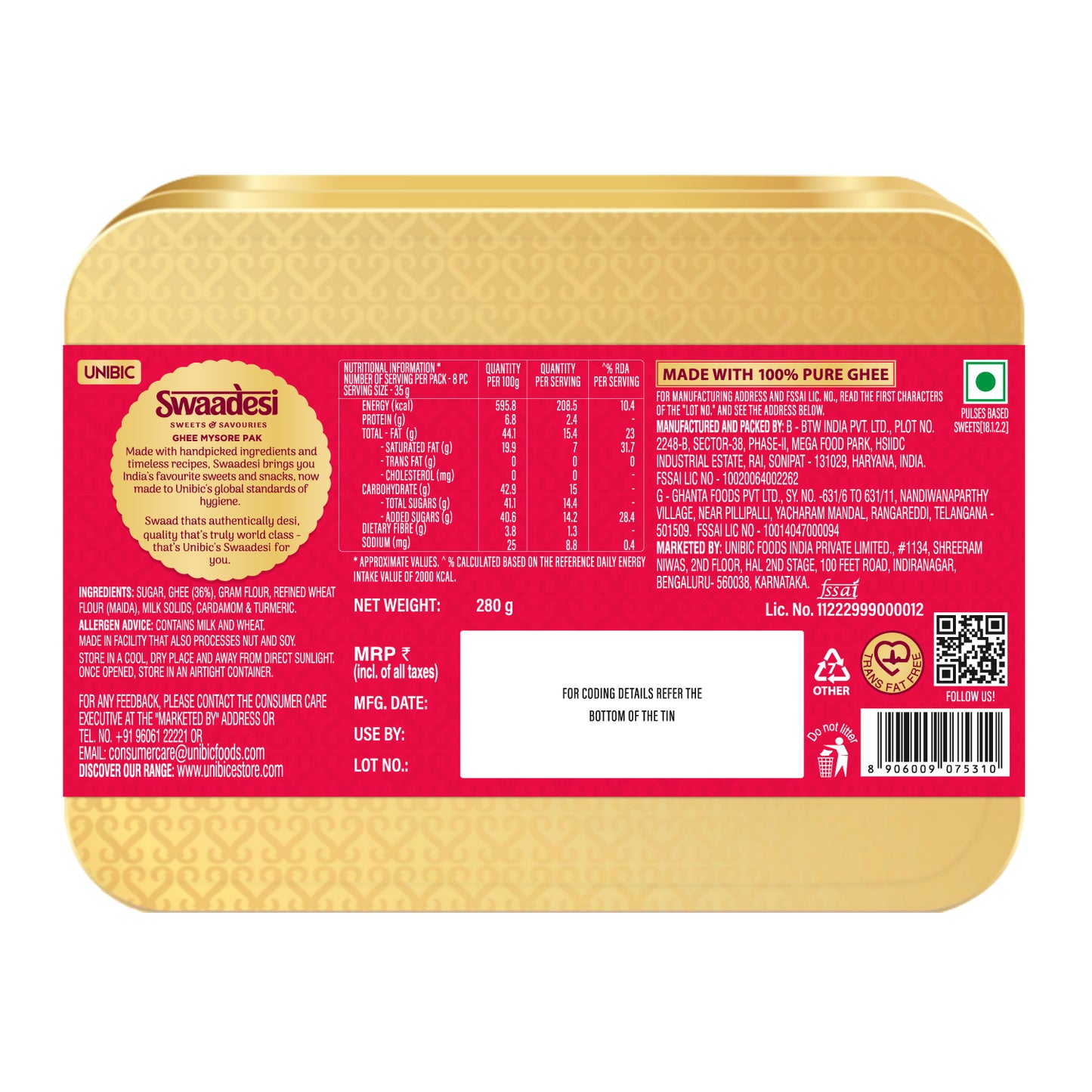 Swaadesi Ghee Mysore Pak Tin Pack 280 grams (Indian Sweet Made with 100% Pure Ghee)