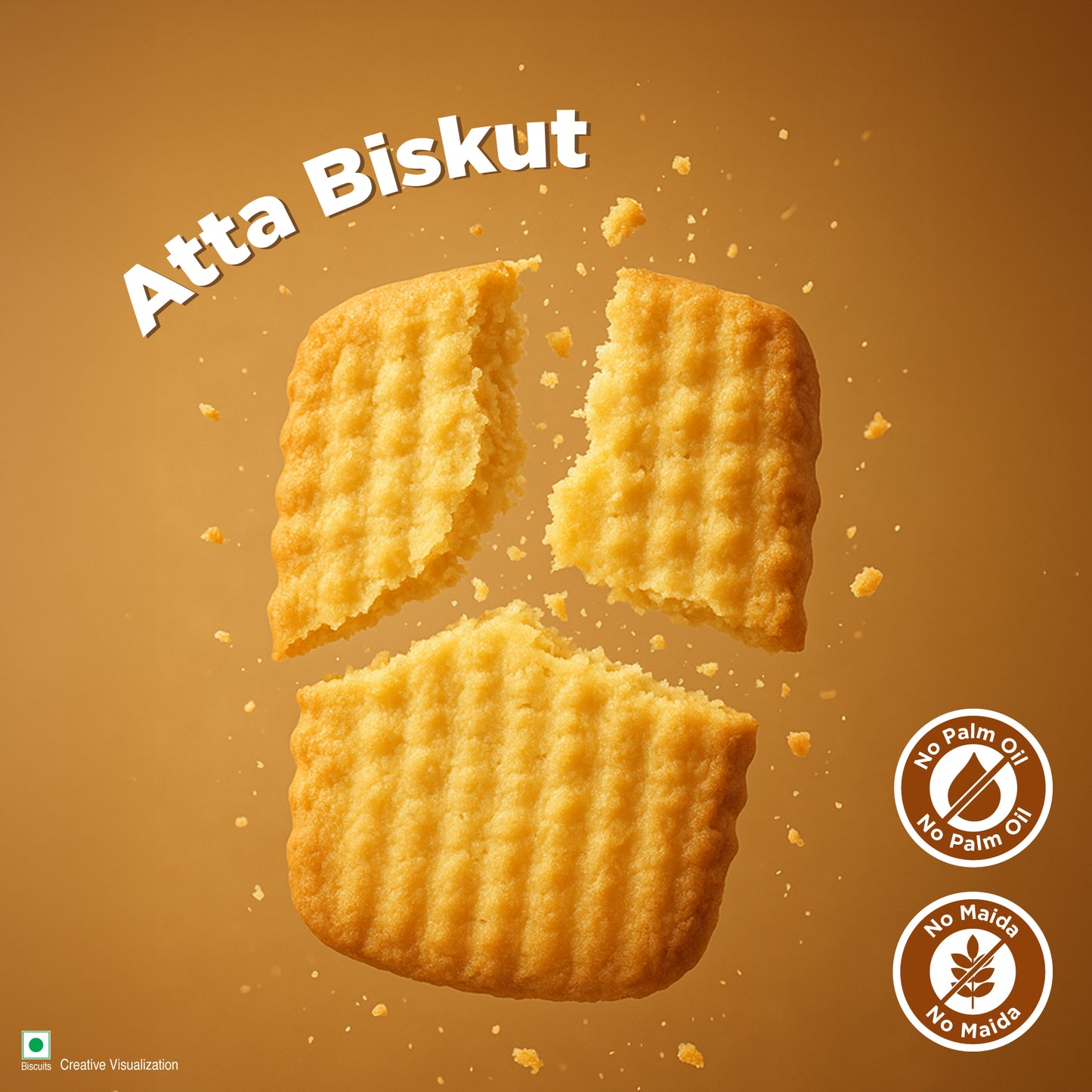 Three Atta Biskut cookies on a brown background with 'No Palm Oil' and 'No Maida' labels.