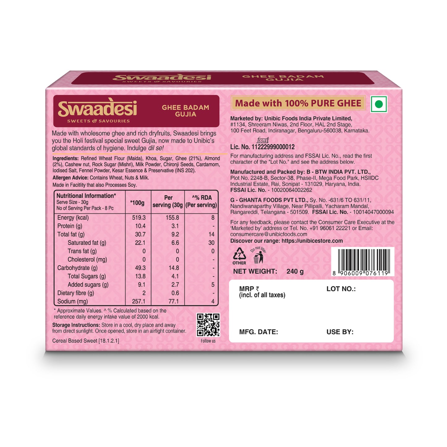 Swaadesi Ghee Badam Gujia - 240g (Indian Sweet Made with 100% Pure Ghee)