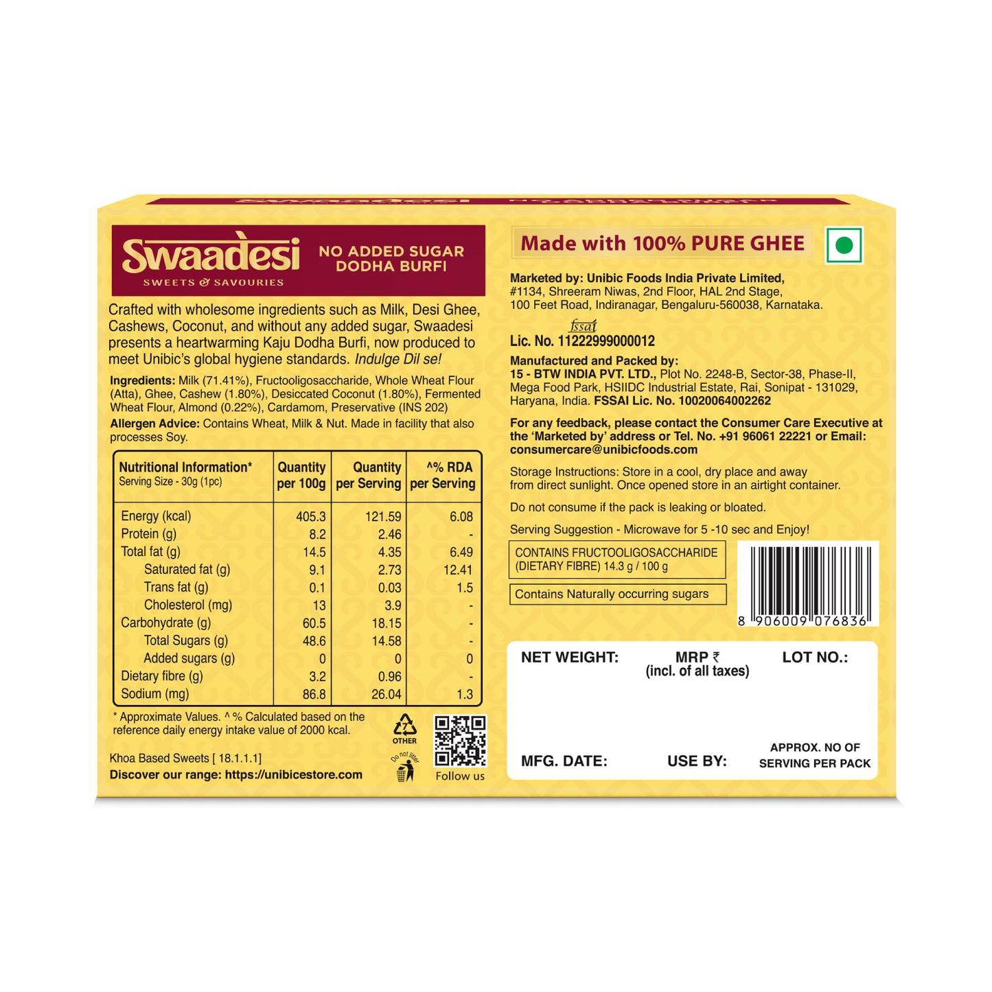 Swaadesi No Added Sugar Dodha Burfi  200grams