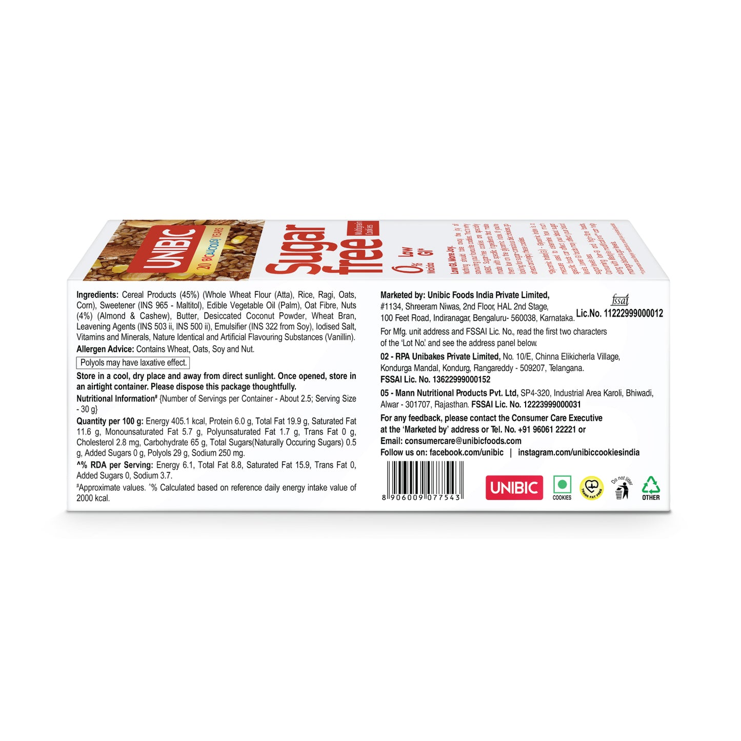 UNIBIC : Sugar Free Multigrain Cookies, 75g