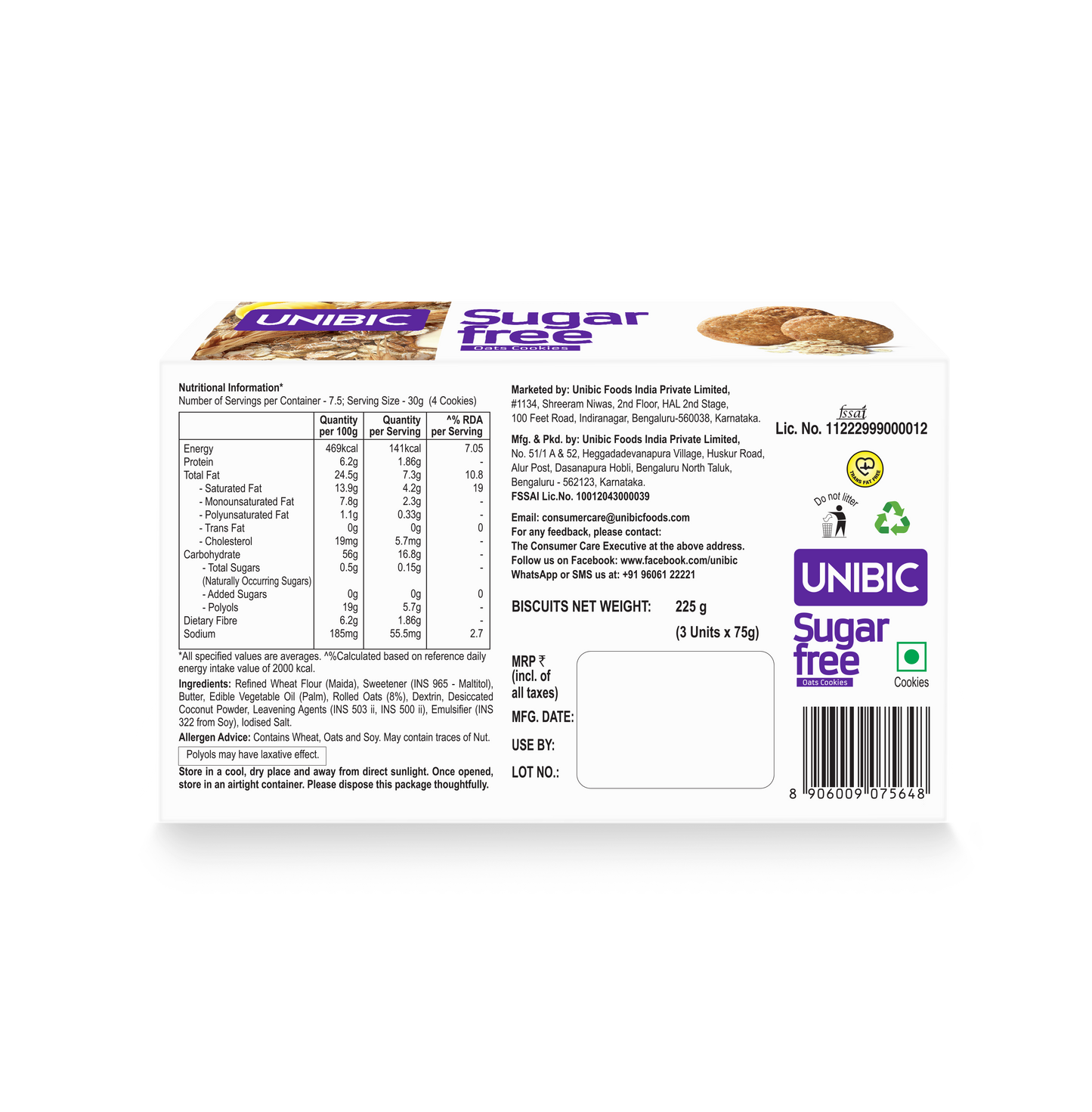 UNIBIC : Sugar Free Oats Cookies, 225g