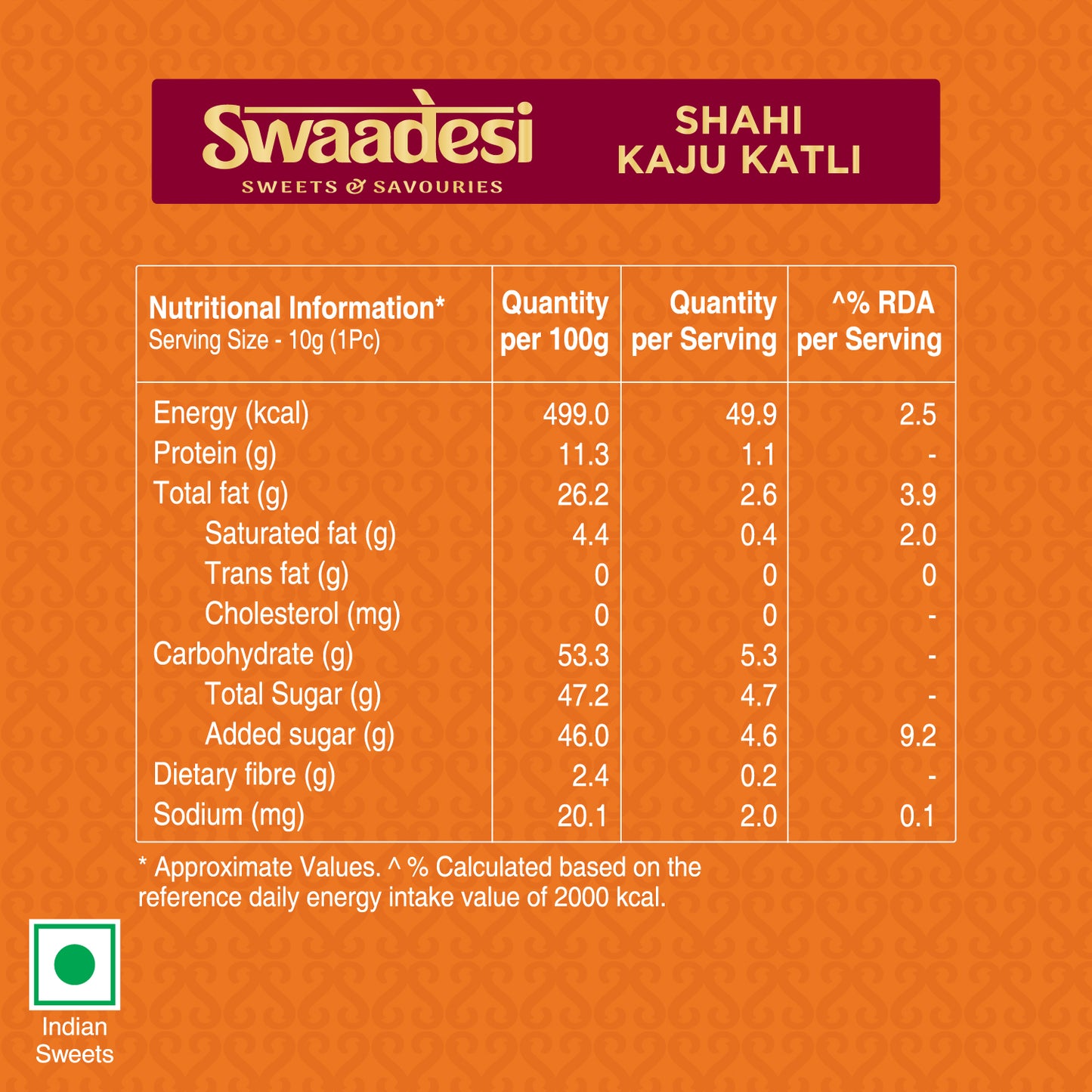 Swaadesi Shahi Kaju Katli - 180 grams