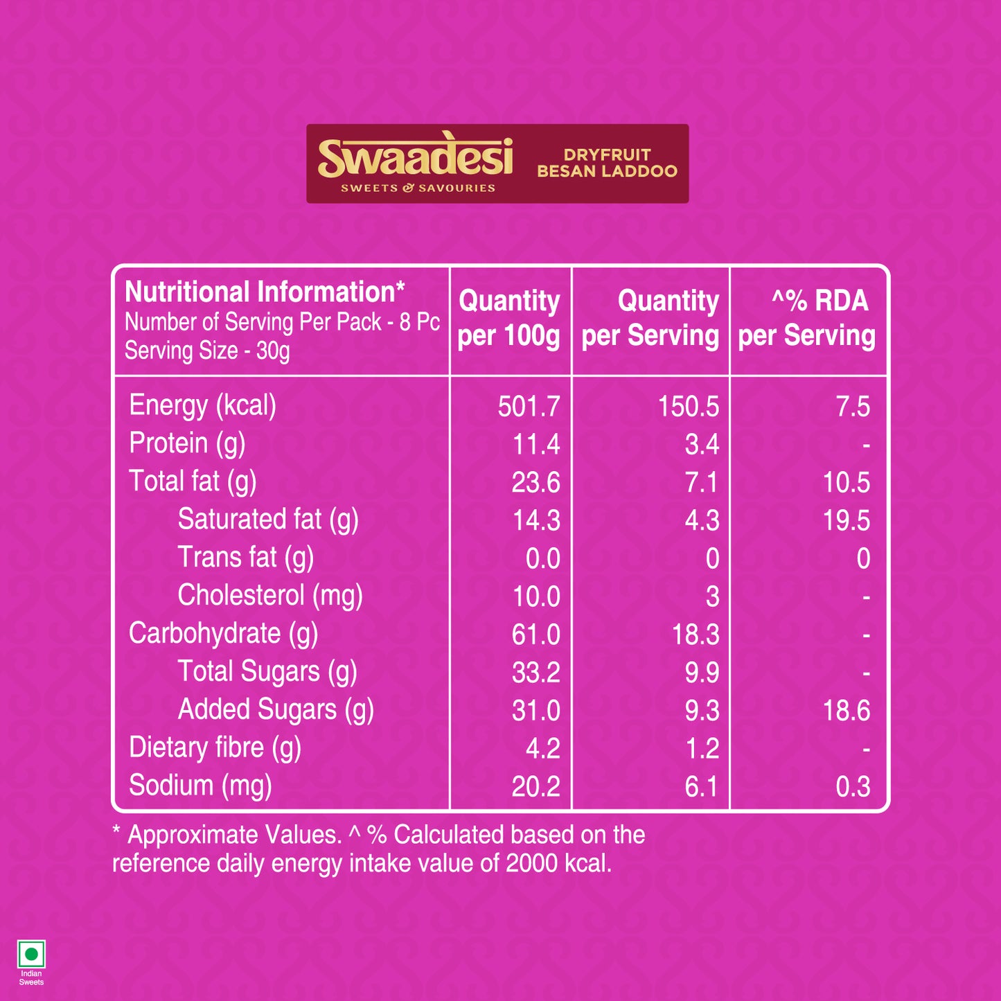Swaadesi Dryfruit Besan Laddoo - 240grams (Indian Sweet Made with 100% Pure Ghee)
