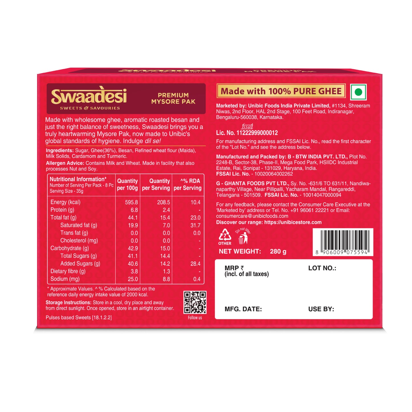 Swaadesi Premium Mysore Pak - 280 grams (Indian Sweet Made with 100% Pure Ghee)