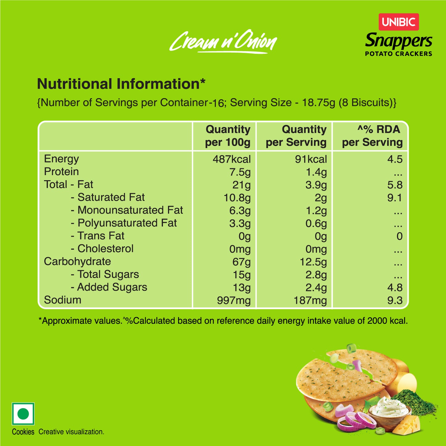 UNIBIC Snappers - Cream N' Onion Flavored Potato Biscuits, 300g