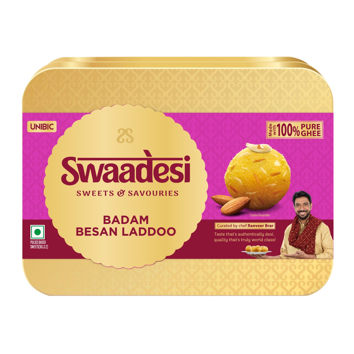 Swaadesi Badam Besan Laddoo Gift Tin Pack - 280 grams (Indian Sweet Made with 100% Pure Ghee)