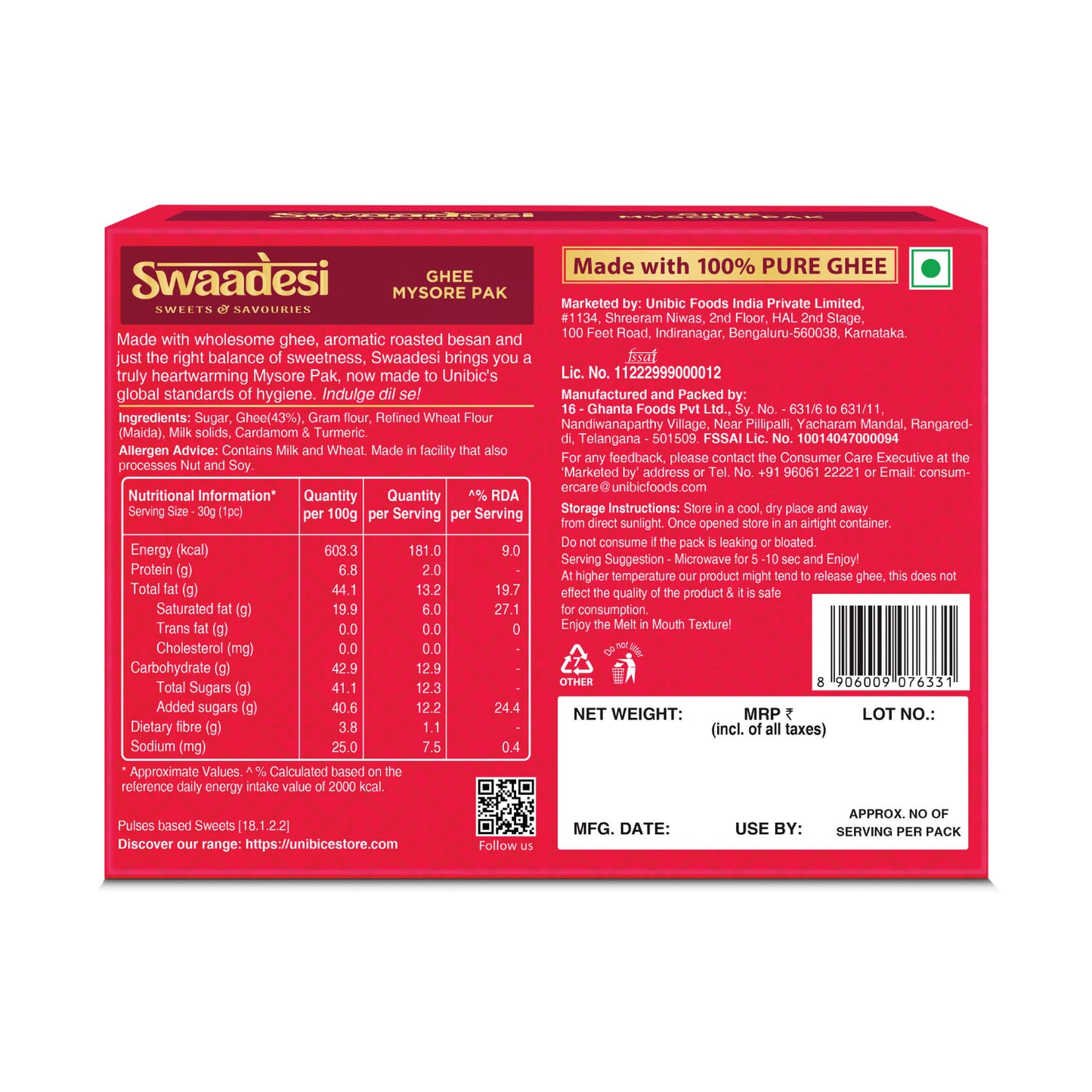 Swaadesi Premium Mysore Pak - 280 grams (Indian Sweet Made with 100% Pure Ghee)