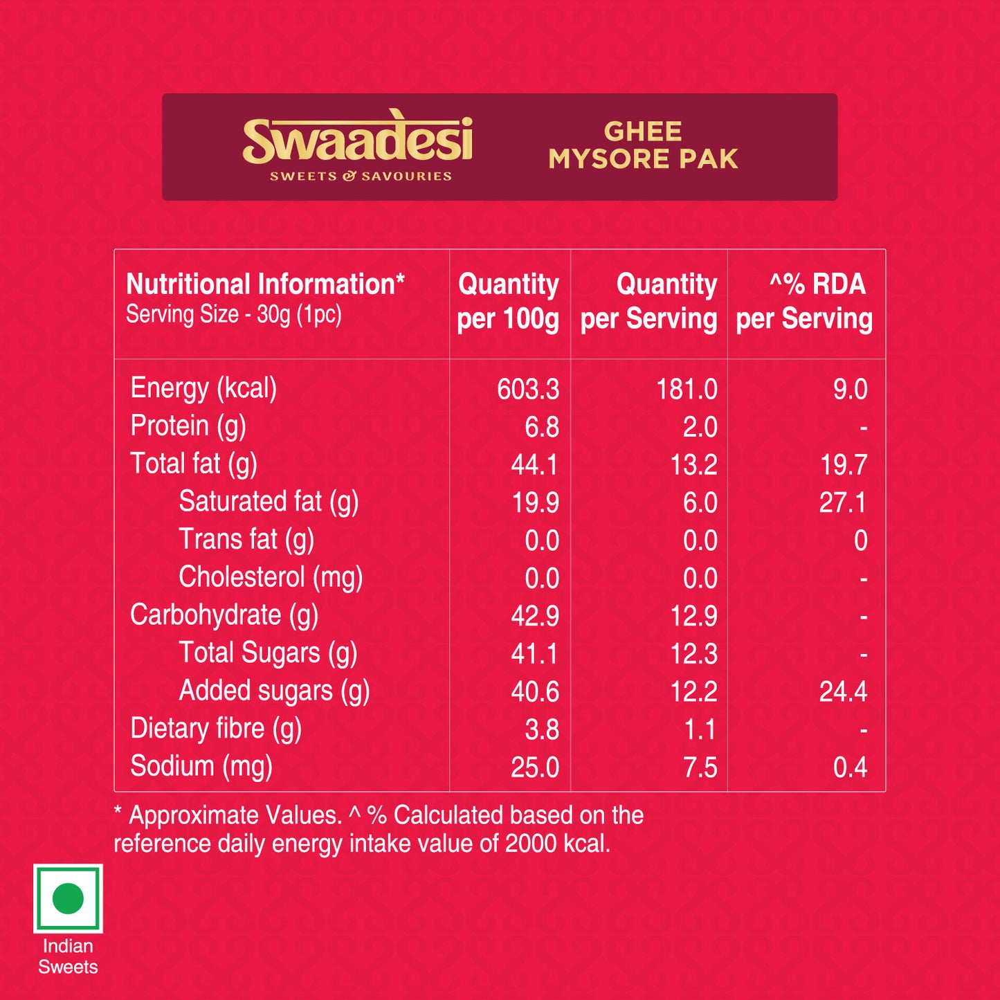 Swaadesi Premium Mysore Pak - 280 grams (Indian Sweet Made with 100% Pure Ghee)